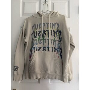 Overtime Cream Hoodie Size M 160909 Paint Spatter Name Streetwear Y2K ‎ Grunge